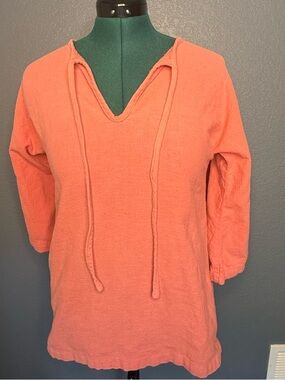 Cotton Gauze Tunic Top Coral Peach 3/4 Sleeve‎ Lightweight Boho Beach Size S